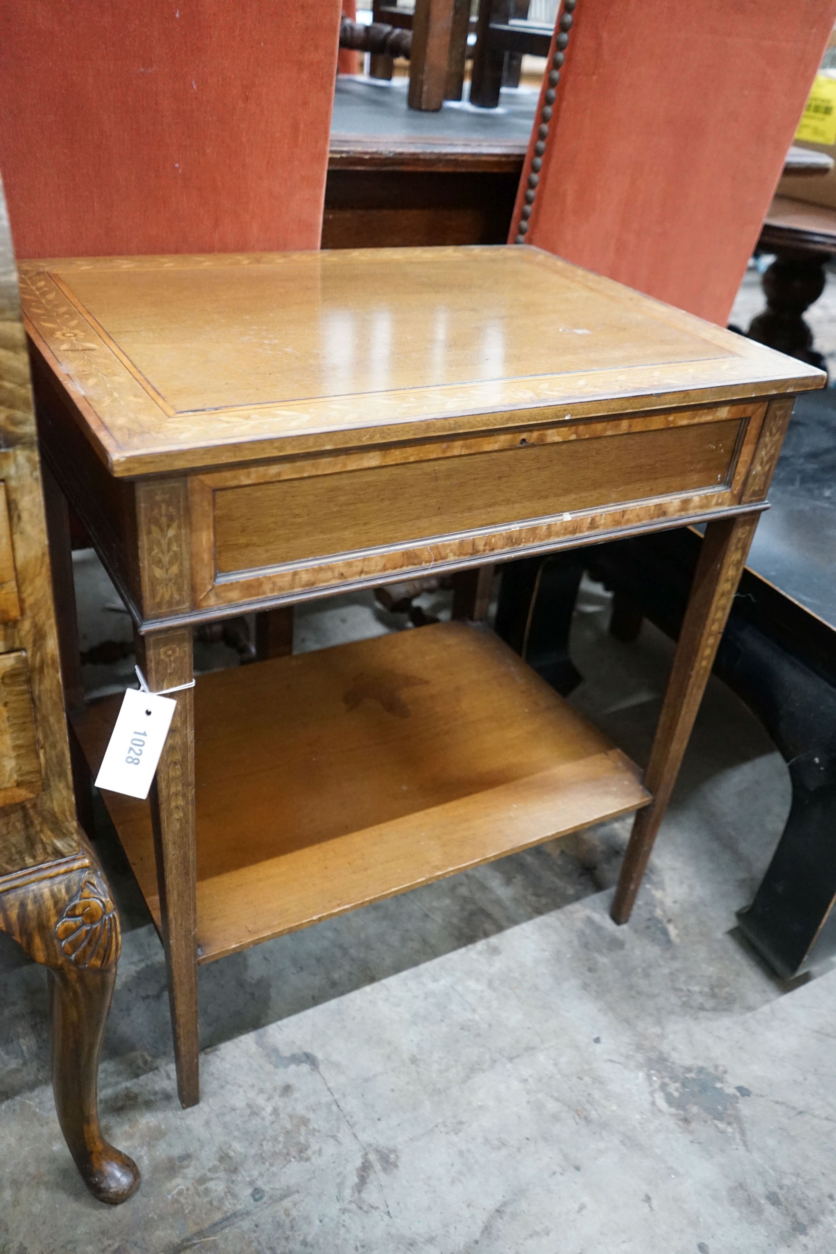 An Edwardian rectangular marquetry inlaid mahogany bijouterie style table, width 61cm, depth 46cm, height 72cm